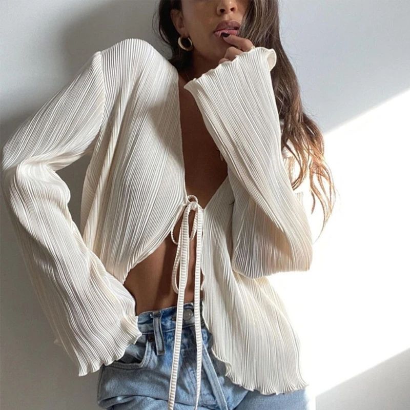 

Summer Flared Long Sleeve Pleated Cardigan for Women Deep V-Neck Open Front Self Tie Ruffled Trim Blouses Shirts Top