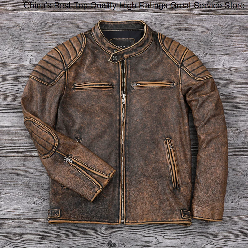 

Distressed Top Layer Cowhide Vintage coat Men Stand Collar corium Moto Spring Autumn High Quality Calfskin Jacket