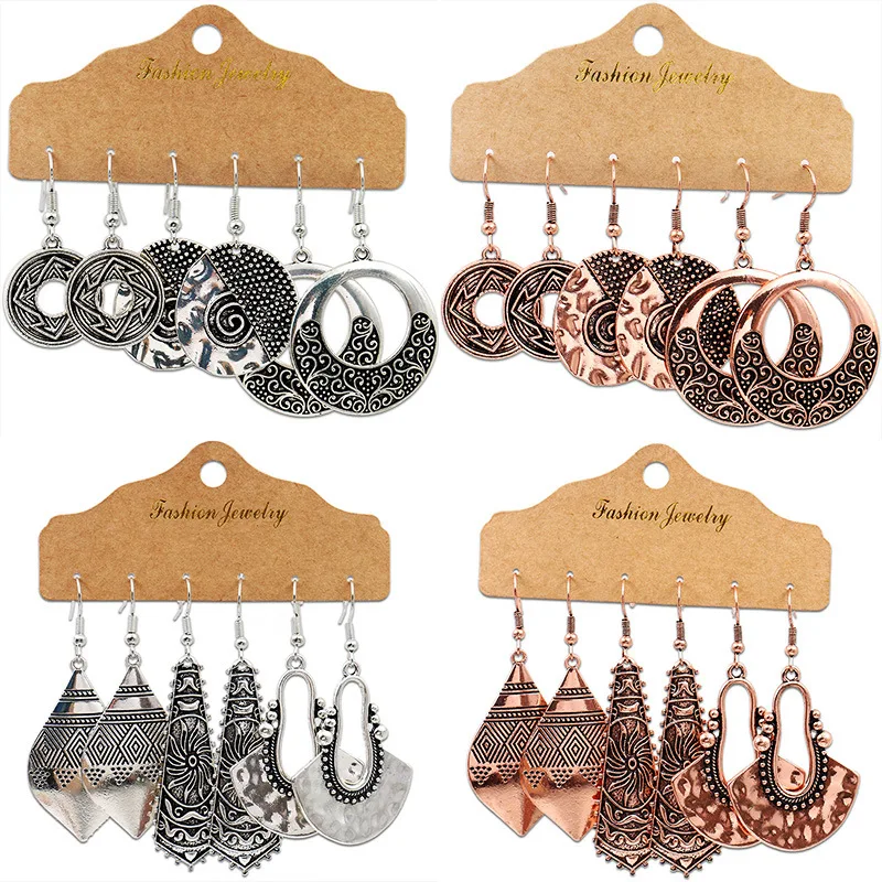 

Wholesale INS Hot Sale Nepal Metal Quality Earrings 3 Pairs Vintage Punk Style Geometric Earring Accessories Girl Gift