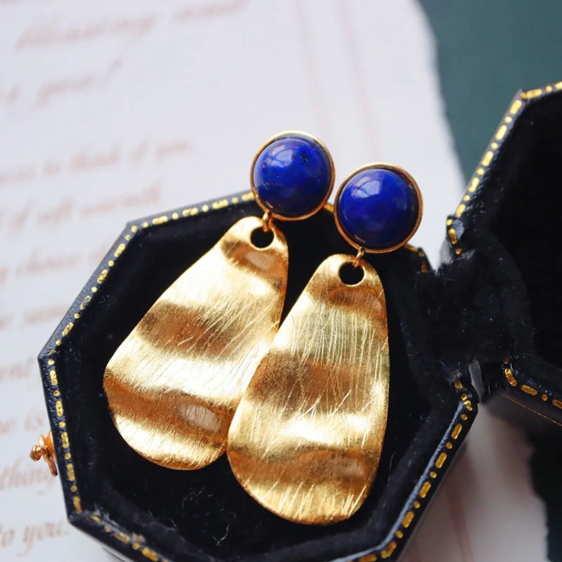 Lapis Lazuli Blue Gemstone Long Patterned Teardrop 18K Gold Tone Sterling Silver Earrings L1S2E41044