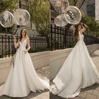 satin civil wedding dress v neck a line engagement bridal party bride gown for women vestido de novia