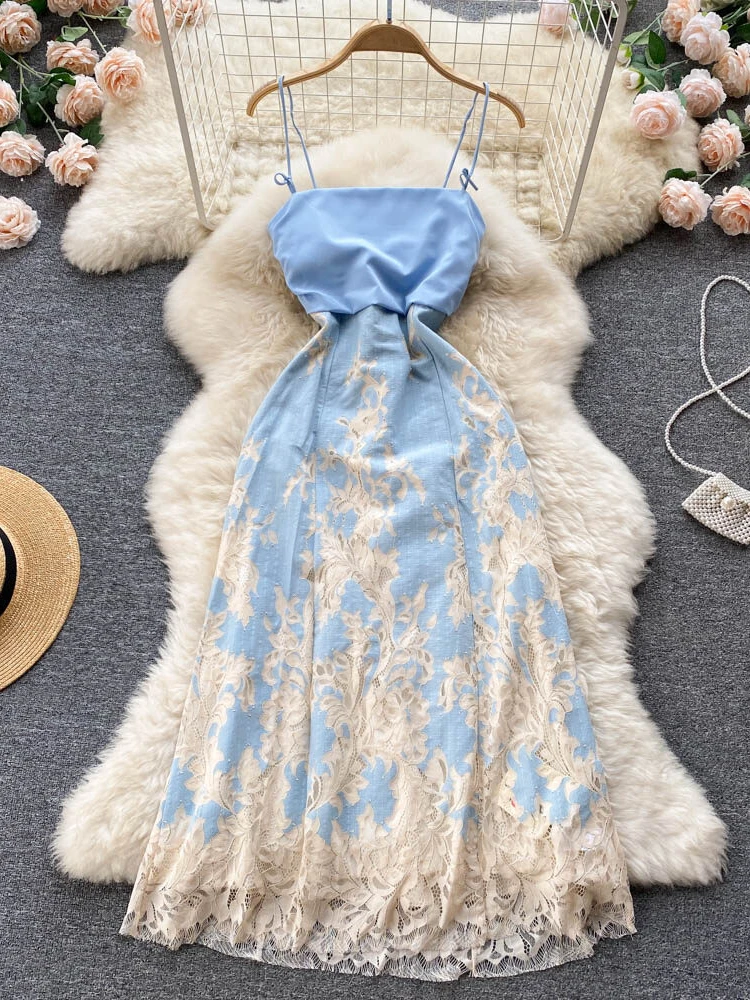 

Summer Hollow Out Lace Dress Elegant Women Party Dresses Fashion High Waist Sexy Bandage Long Beach Dress