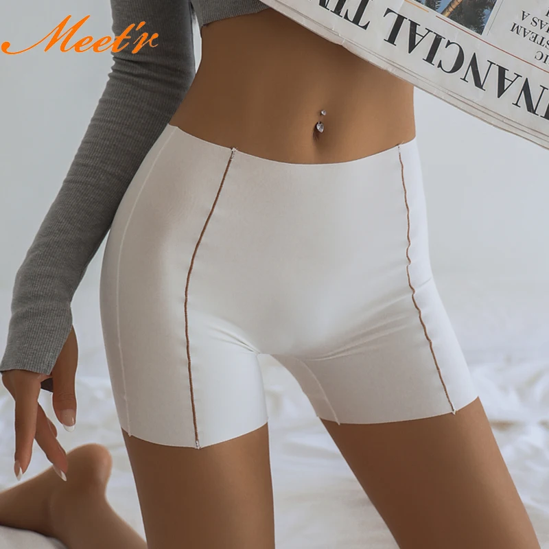 

Meet'r Sexy Women Ice Silk Safety Pants Flat Angle Hip Lifting Anti Glare Underlay Shorts Underwear Hight-waist G String Lingeri