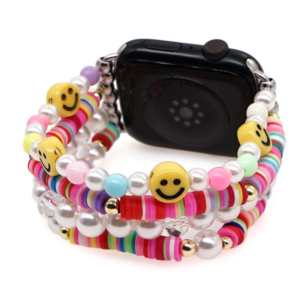 

New Bohemian Hand Beaded Soft Pottery Smiling Face Woman Strap For Apple Watch Band 45mm 41mm Bracelet For iWatch Series 2022
