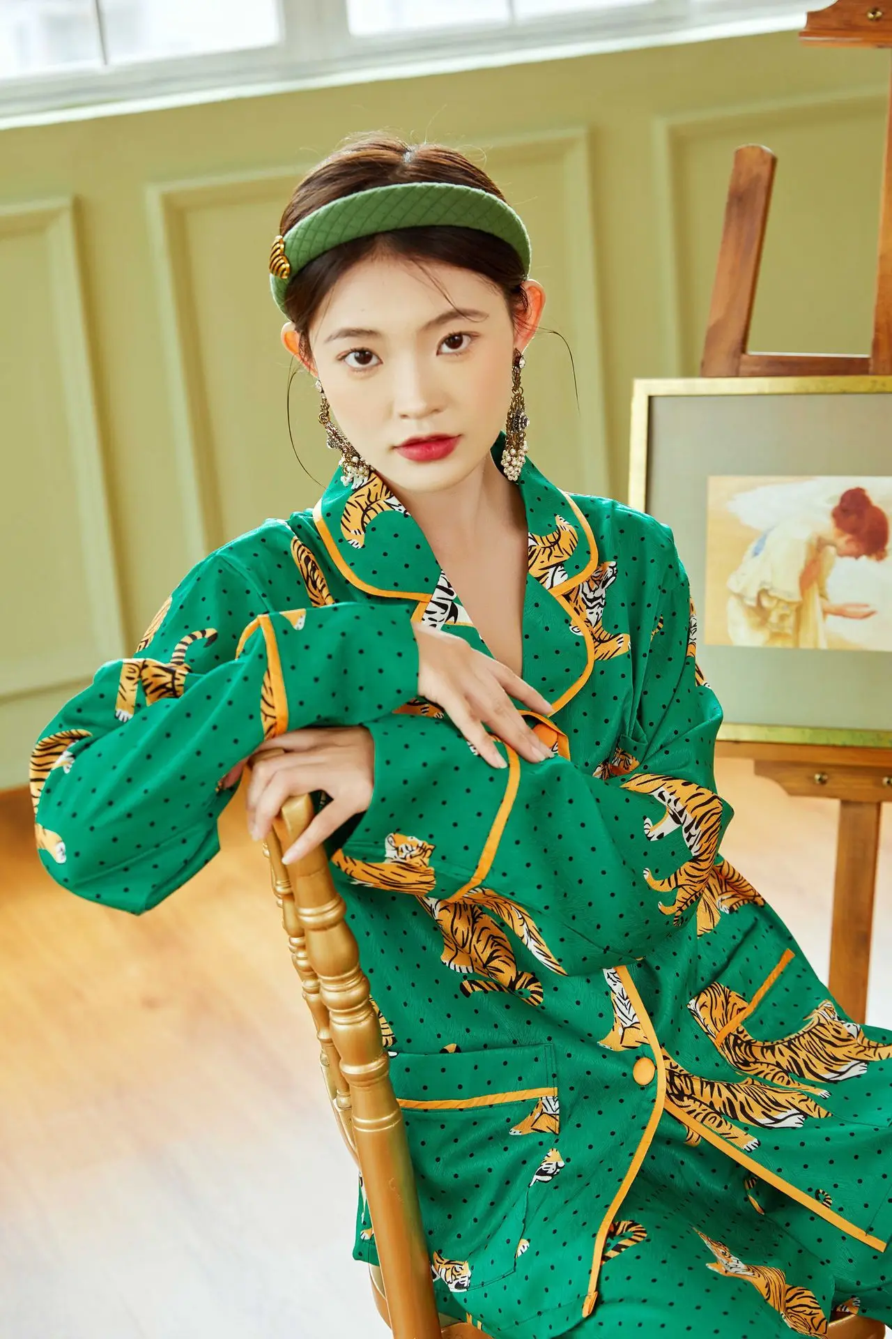 Tiger Premium Ice Silk Pajamas Women's Long Sleeve Pants New pigiami donna  pjamas for women