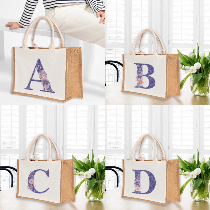Reusable Burlap Tote Bag Purple Letter Print Women Jute Beac