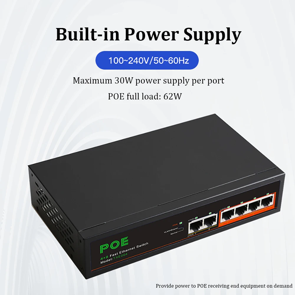 Сетевой хаб RJ45 LAN для IP-камеры/беспроводного AP/Wi-Fi маршрутизатора 4 порта + 2