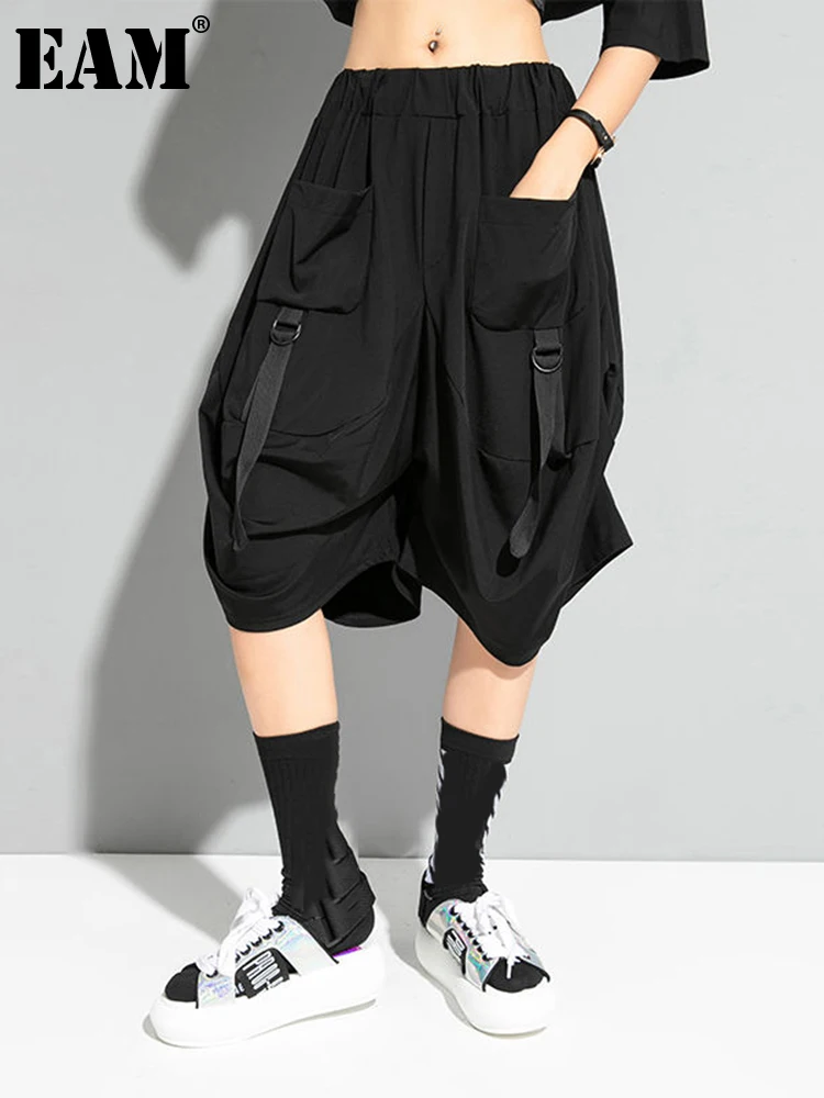 

[EAM] High Elastic Waist Black Pocket Wide Leg Casual Trousers New Loose Fit Pants Women Fashion Tide Spring Summer 2022 1DD6691