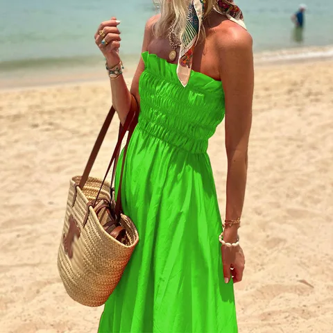 Elegant Slash Neck Big Hem Beach Dress Summer Off Shoulder Solid Color Long Dress Female High Waist A-line Pleated Holiday Dress