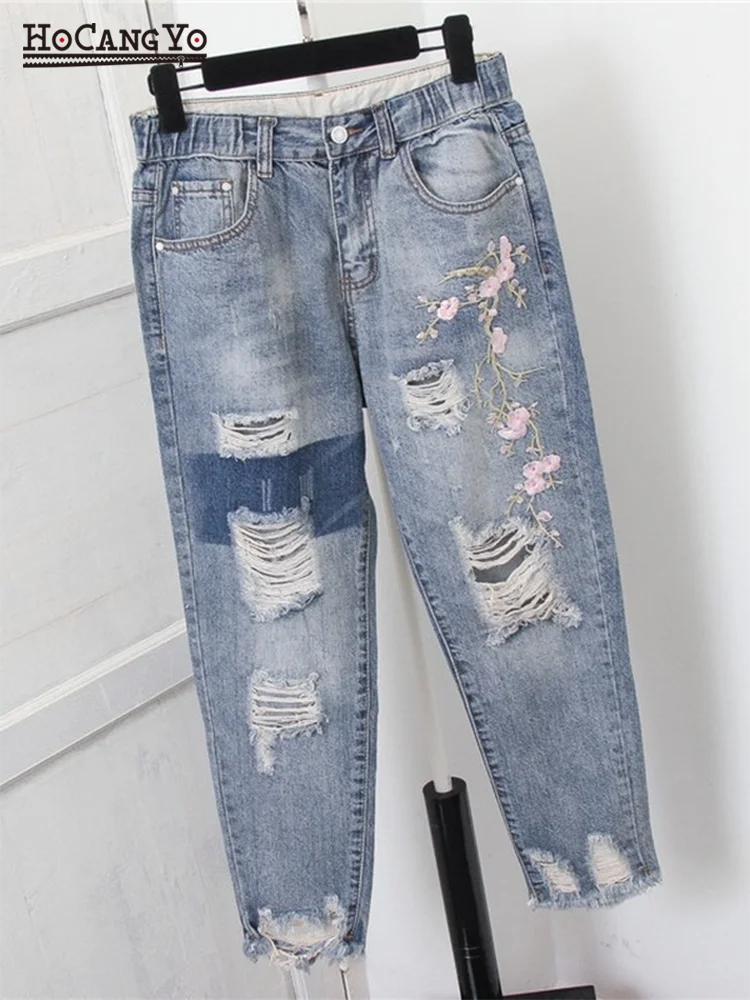 

Women High Waisted Jeans Trousers Size 5XL Holes Ripped Embroidery Mom Jeans Vintage Denim Harem Pants Women Jean Trousers