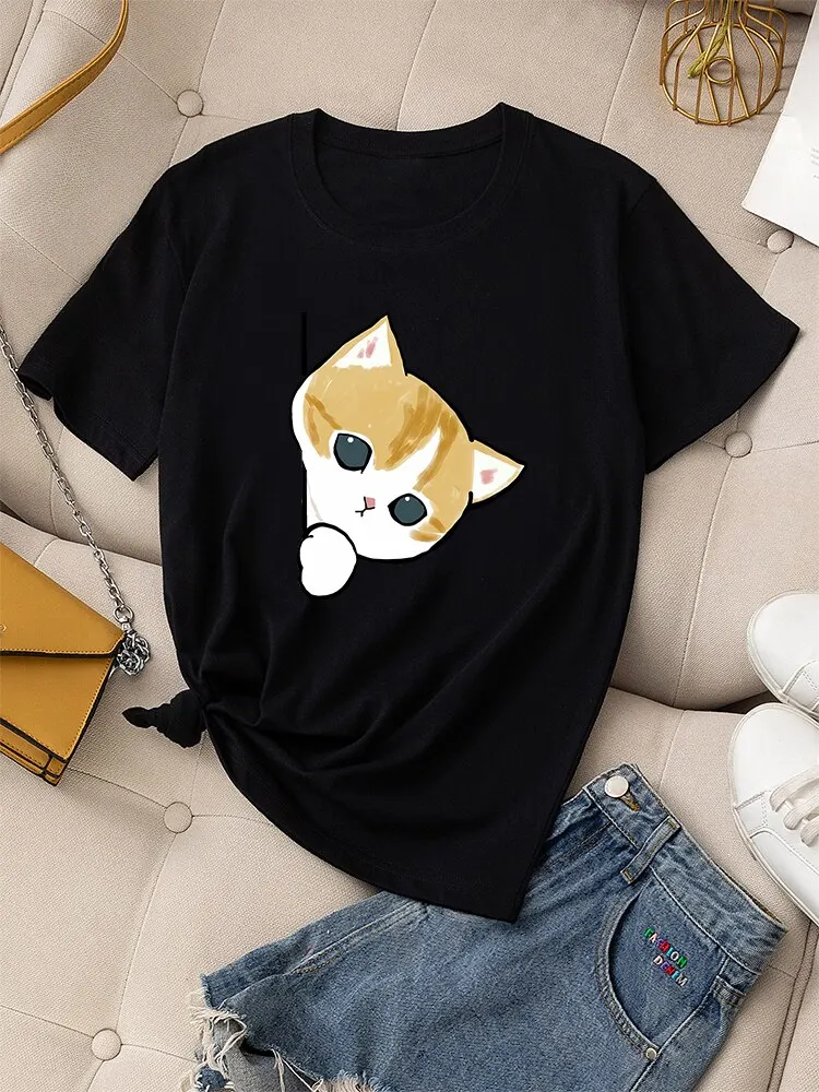 

Summer Women T-shirt Casual Graphic Female Daily 100% Cotton Shot Sleeve Little Cat Print Ladies Regular Fashion O-Neck Tee Tops