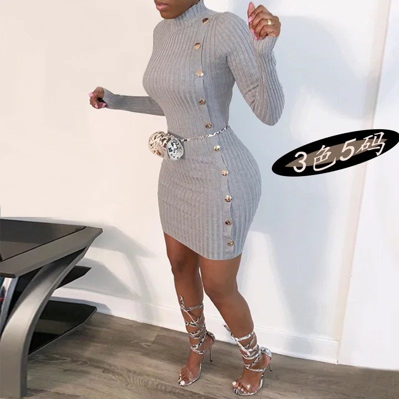 

Autumn Women Dress Sexy Skinny Mini Party Ladies Dress Spring Fashion Ribbing Knitting O-neck Long Sleeve Single Breasted Dress