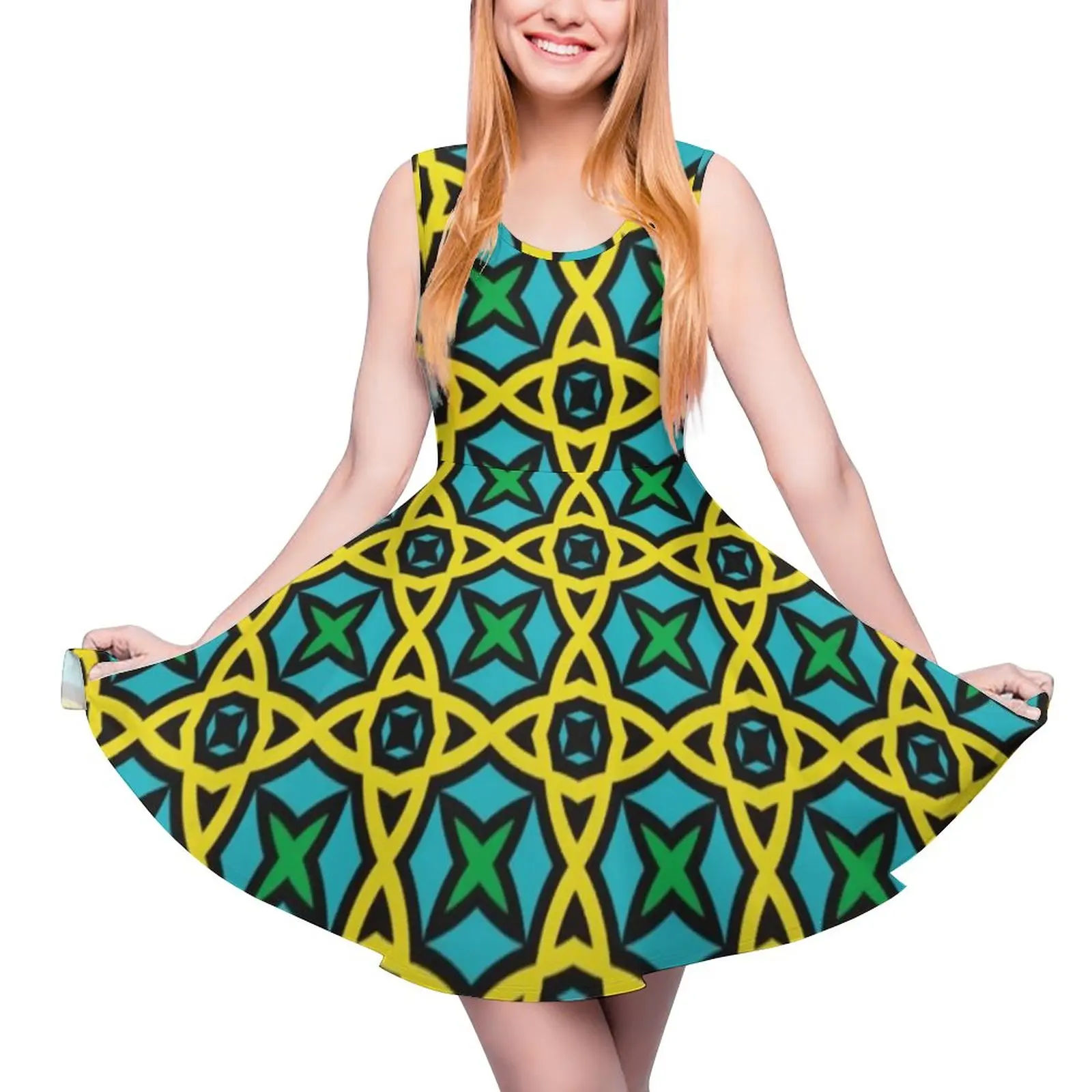 

Красочное платье с геометрическим принтом, пляжные платья Бохо с абстрактными кругами и высокой талией, уличное платье для скейтбординга с принтом, женское платье оверсайз