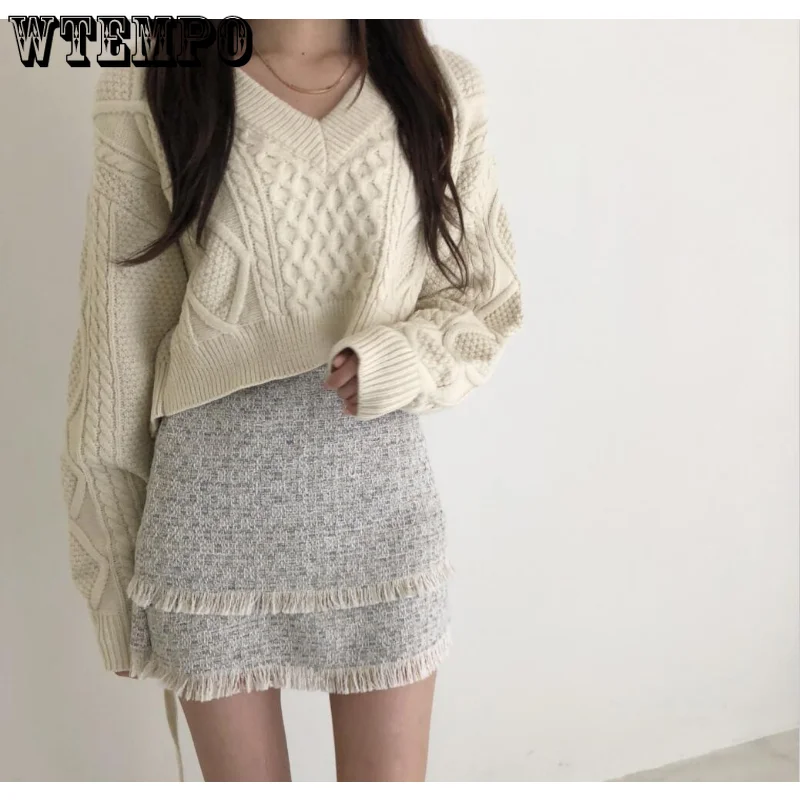 

Женская винтажная одежда, вязаный свитер с V-образным вырезом и бантом на спине, на шнуровке, с длинными рукавами, повседневные Модные мешков...