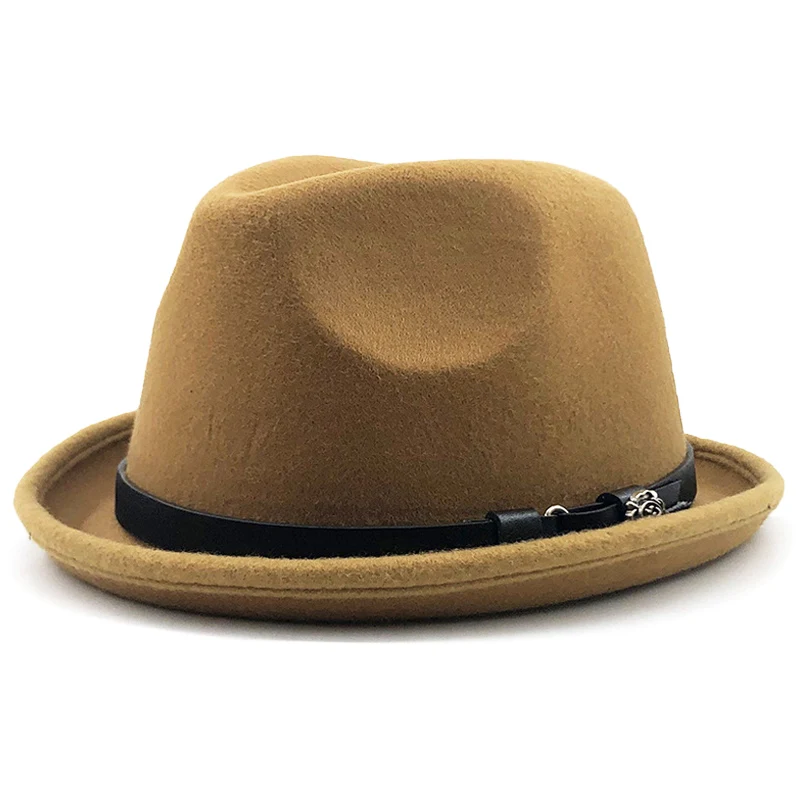 

Pork Pie Hat For Men With Belt Imitation Woolen Felt Fedora Hats Winter Autumn Church Roll Up Brim Fashion Luxury Woman Jazz Hat