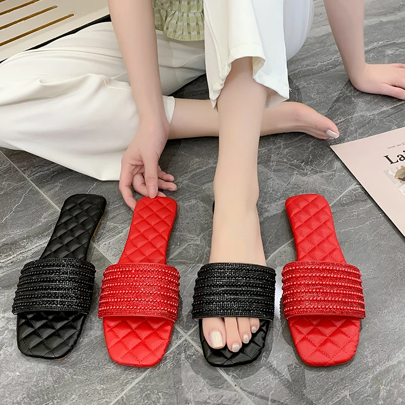 

2022 Women's Summer Sandals Slip-on Square Toe Casual Leisure Fashion Women Slippers Flat Beach Shoes Plus Size