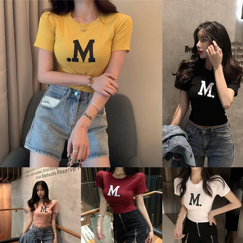 Women's Korean Style Round Neck Letter Print Short Sleeve Tight Crop Top T-Shirt