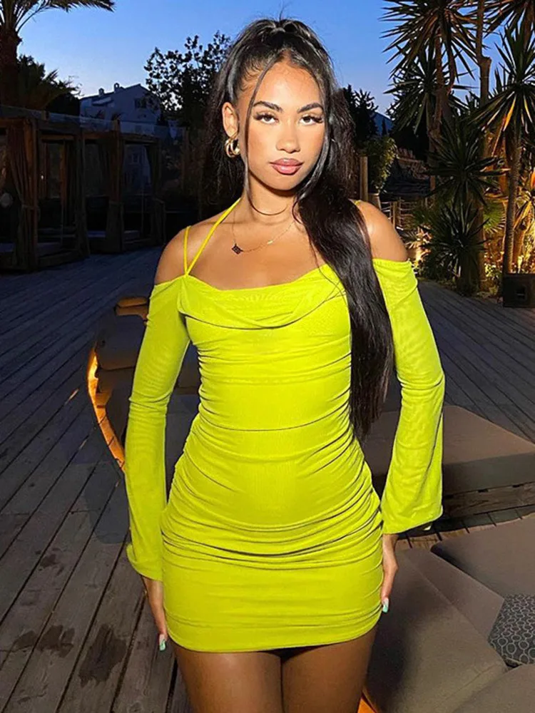 

Mozision Autumn Green Off-shoulder Sexy Club Party Dress Female 2022 New Fashion Full Sleeve Bodycon Mini Dress Women Vestido