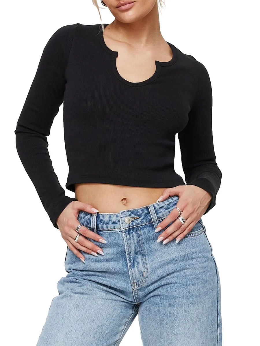 

Женский укороченный топ в рубчик Mxiqqpltky Y2K с длинным рукавом, Однотонная рубашка с глубоким вырезом и вырезом, повседневная облегающая Базовая Блузка, футболки, уличная одежда
