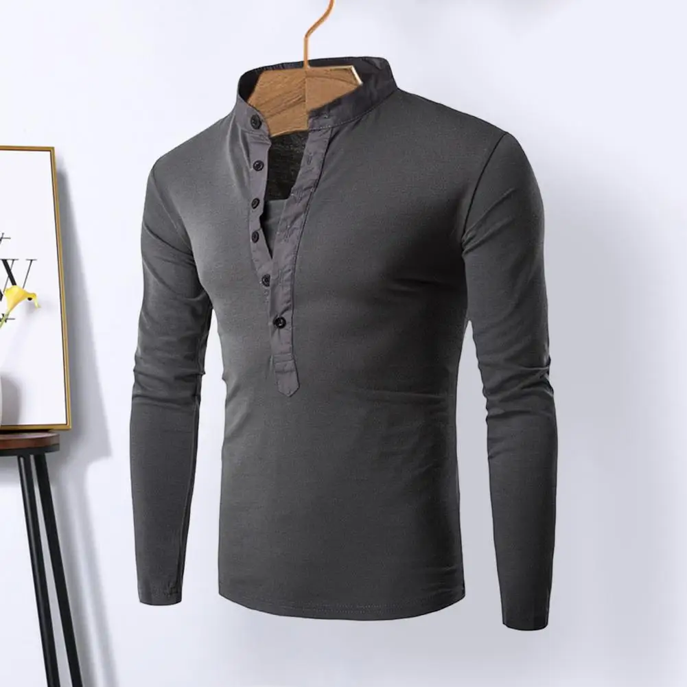 

Fall Spring Men Top Stand Collar Half Button Clsoure Solid Color Long Sleeve Soft Breathable Slim Fit Casual Pullover Men Shirt