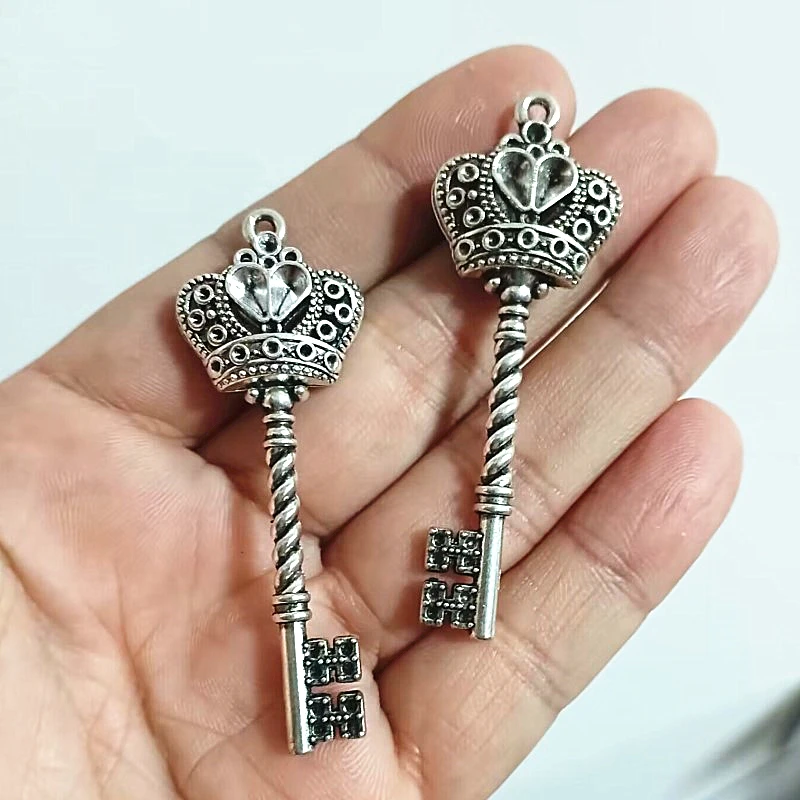 14Pcs 20*61MM Antique Silver Plated Bronze Color Crown Key Charms Pendant Handmade DIY Jewelry Accessories