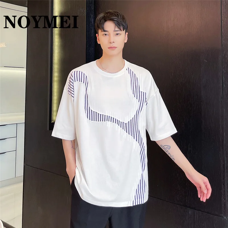 

NOYMEI Summer New Style Personalized Spliced Round Neck T-shirt Men's Fashion All-match Korean Short Sleeve Top Fashion WA474