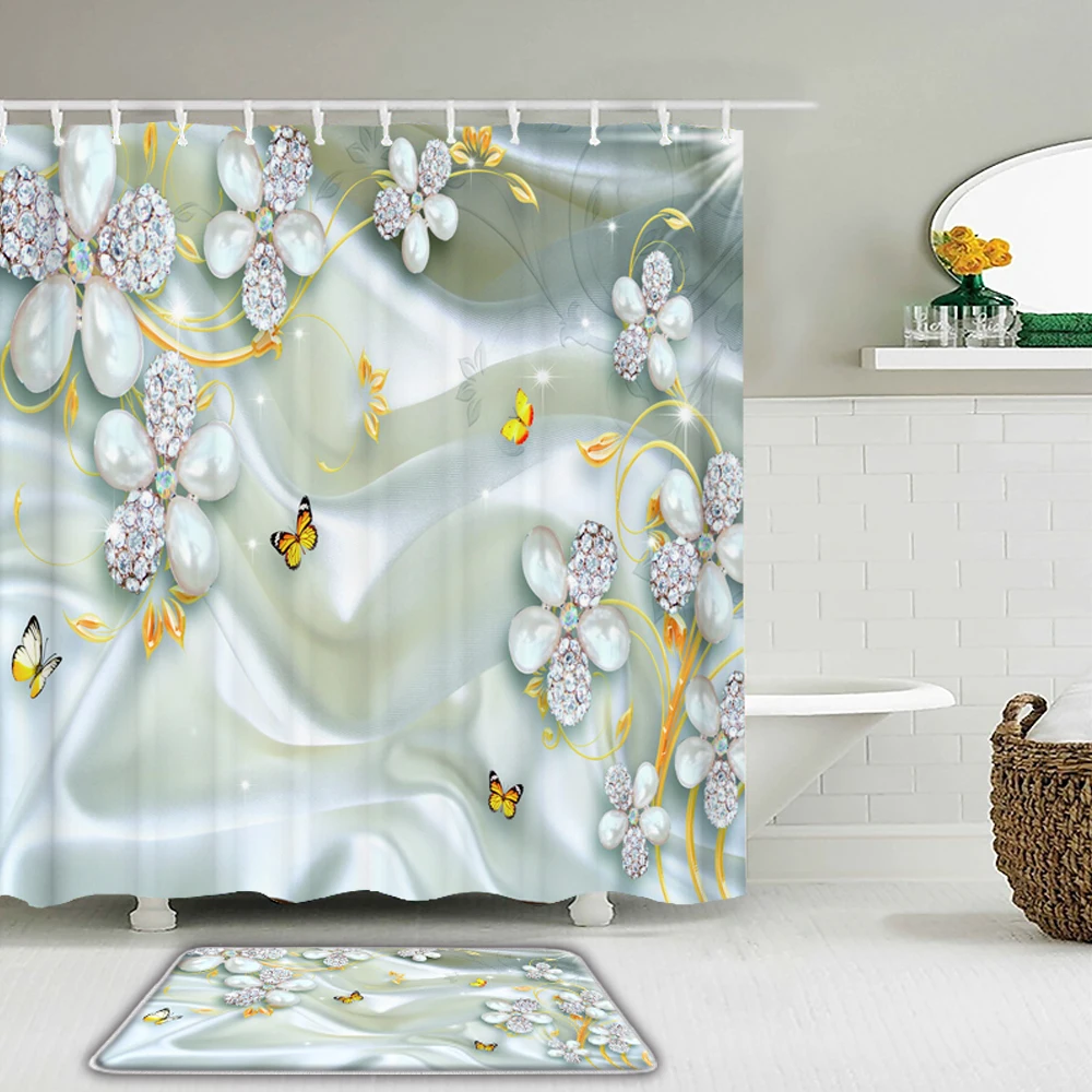 

3d Printed European style Flower Bird Shower Curtain Set Bathroom Curtain Waterproof Bath Curtain Bathroom Toilet Anti-slip Mat