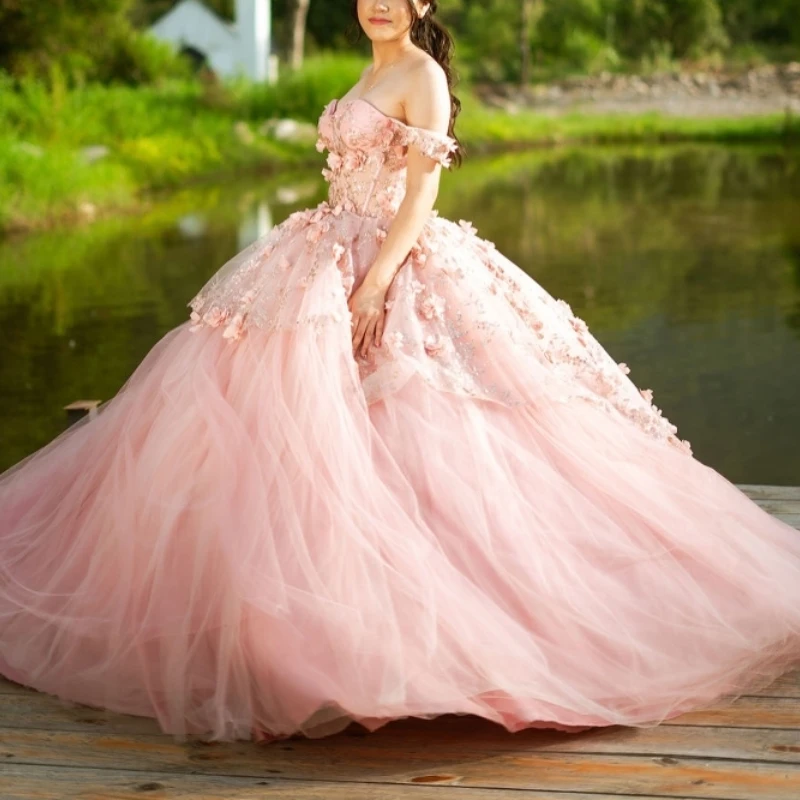 Женское розовое платье принцессы Quinceanera 2024 с открытыми плечами 3D Цветочные