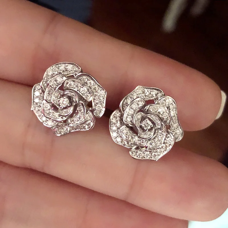 

Ne'w Romantic Flower Shaped Ear Piercing Stud Earrings Women Micro Paved CZ Bridal Wedding Party Earrings Gift Fashion Jewelry