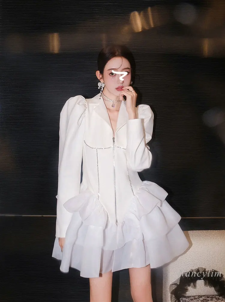 

2022 Fashion Dress for Women Spring Business Suit Sweet Elegance Slim Fit Puff Sleeve Organza Patchwork Cake Dresses Girls
