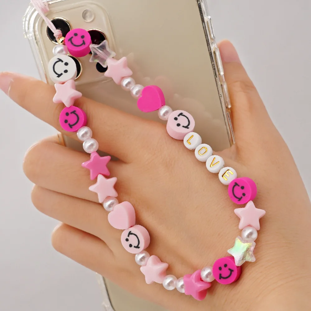 

ins Cute Letter Smiley Mobile Strap Phone Chain Women Girls Star Pearl Beaded Phone Case Charm Pendant Anti-Lost Lanyard Jewelry