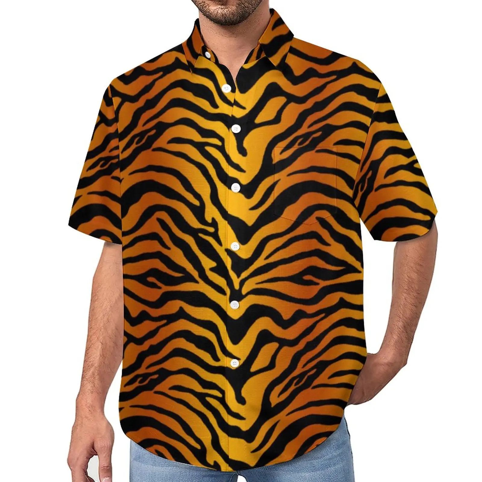 

Tiger Print Loose Shirt Male Vacation Black Stripes Casual Shirts Hawaii Design Short-Sleeved Aesthetic Oversized Blouses