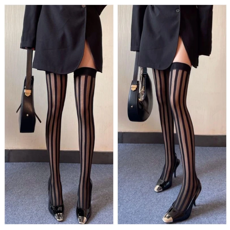 Женские черные шелковые чулки до бедра в вертикальную полоску | AliExpress