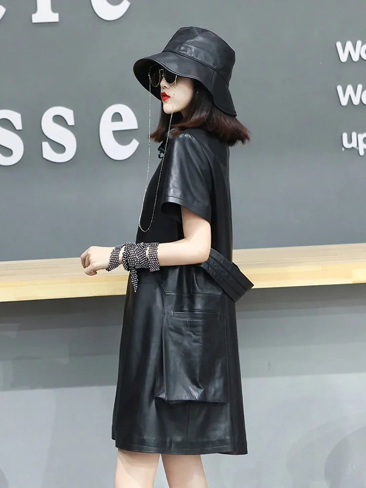 Dress Woman Autumn Winter Genuine Leather Stand Collar A-Line Dress High Waist Office Lady Sheepskin Dress with Pockets