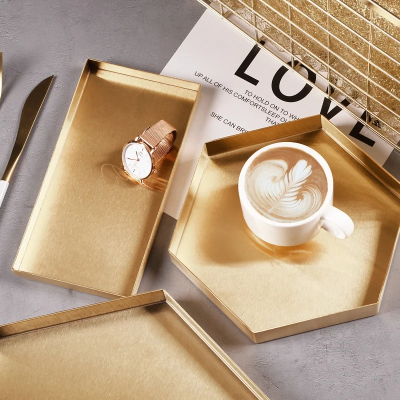 

Gold Light Luxury Geometric Storage Tray Nordic Stainless Steel Storage Plate Desktop Cosmetics Tray and Dinner Plate Tea Tray