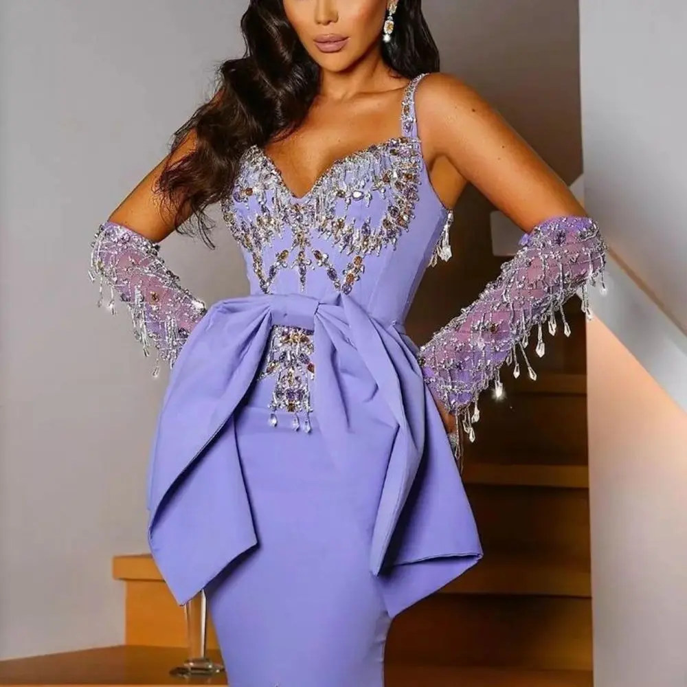 

Lavender Sleeveless Mother of the Bride Dresses Sequins Beading Tassel Ladies Formal Bow Mermaid Evening Gowns Custom Made