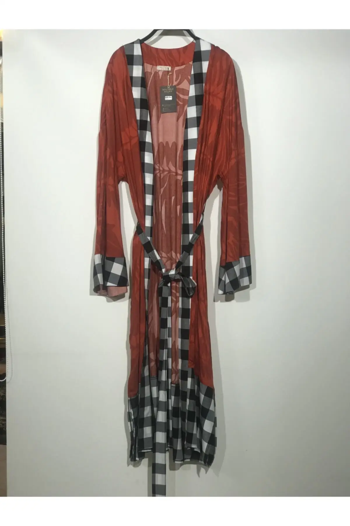 

Women's Kimono Red Plaid Kimono Fashion Quality Fabric Robes Caftan Bathrobe Clothes for Ladies Dressing Gown For Women
