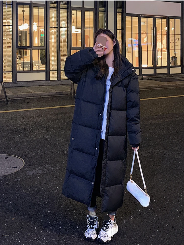 

Зимняя одежда для женщин, новое однотонное длинное Прямое пальто, Повседневная Свободная хлопковая куртка до колен, модное пальто оверсайз с капюшоном