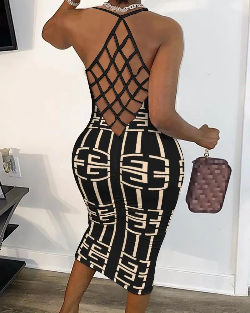 

Geometric Print Fishnet Backless Bodycon Dress Women Spring Summer Sleeveless Sexy Mini Dress High Waist Slim Sheath