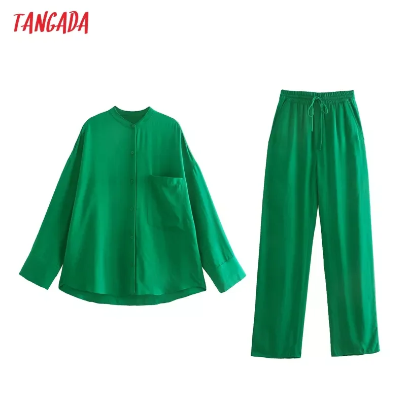 

Tangada 2022 Women Green Shirt Set Tracksuit Sets Oversized Shirt Pants Suit 2 Pieces Sets Blouse Pants Suits 5Z246