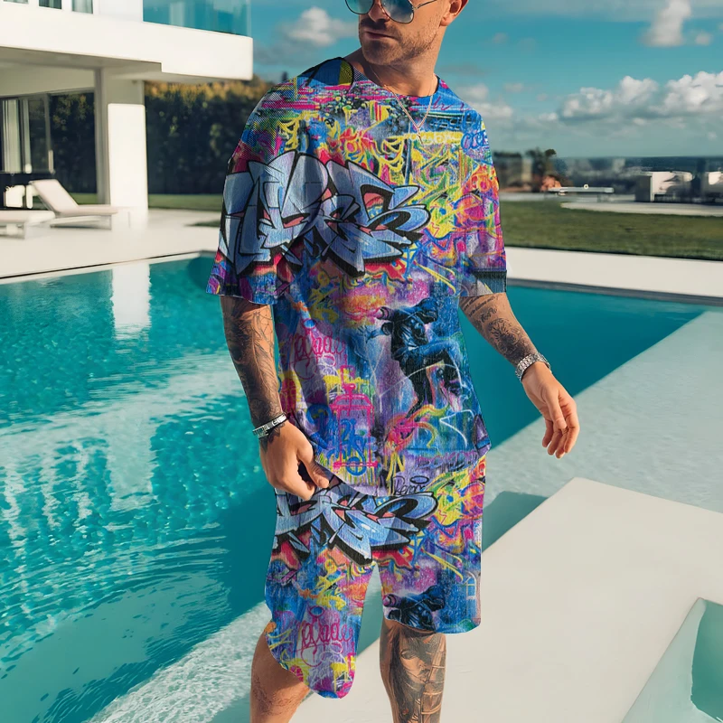 Abstract Paint Fashion Color Matching Set Sportswear Men's Oversized Clothing Shorts Suit Men's Casual T-shirt Suit Summer Beach