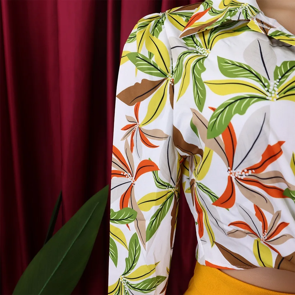 Модная женская блузка с принтом однобортная отложным воротником и длинными