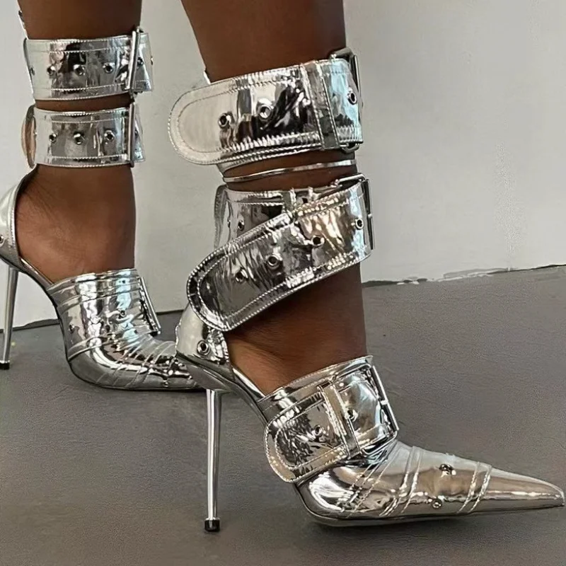 

Туфли-лодочки женские на высоком каблуке, металлический каблук особой формы, туфли-лодочки с пряжкой и острым носком, пикантная модная обувь для подиума