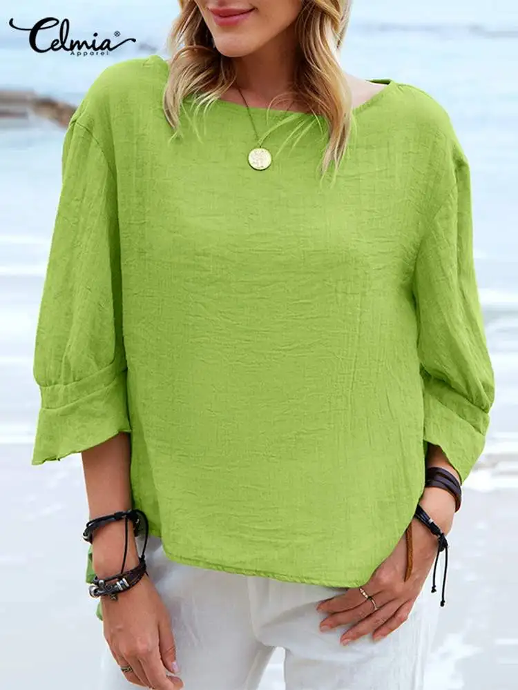

Блузка Celmia женская с асимметричным подолом, повседневная хлопковая туника с рукавом 2022, топ для отдыха, с круглым вырезом и сращивающимися м...
