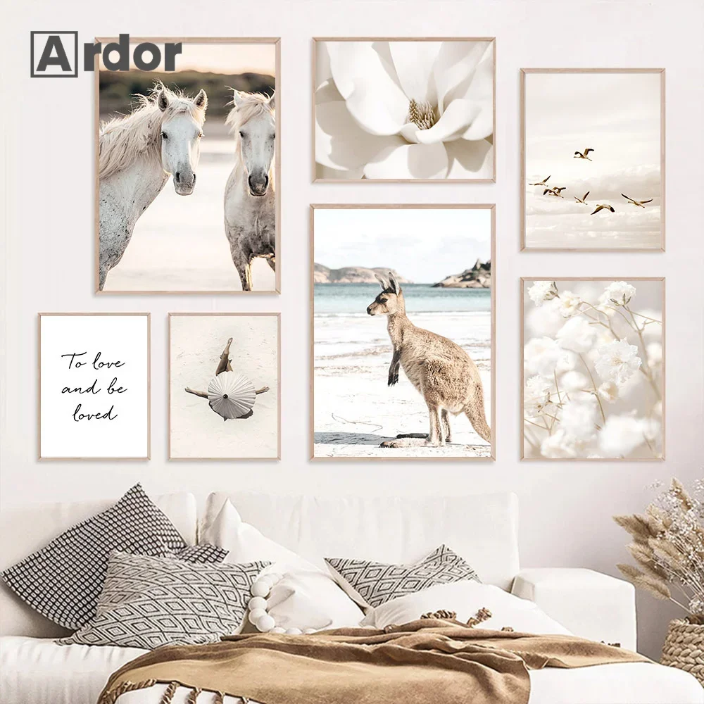 

Beige White Flower Poster Beach Grass Bridge Canvas Pictures Horse Wall Art Print Landscape Painting Nordic Posters Home Decor