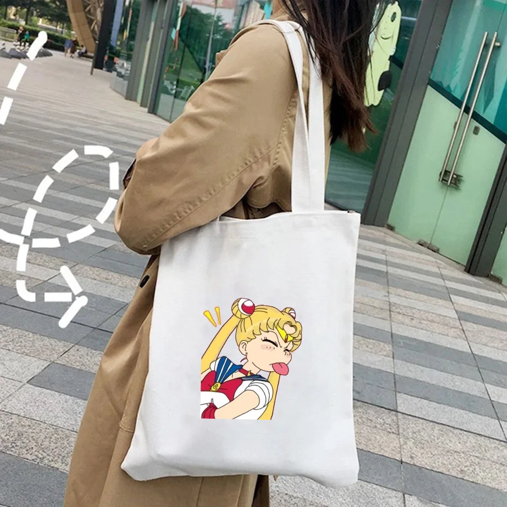 Kawaii Anime Cartoon Girl Cute Cat Sailor Moon Women Canvas Shoulder Tote Bags Harajuku Handbags Eco Shopper Cotton Shopping Bag images - 6