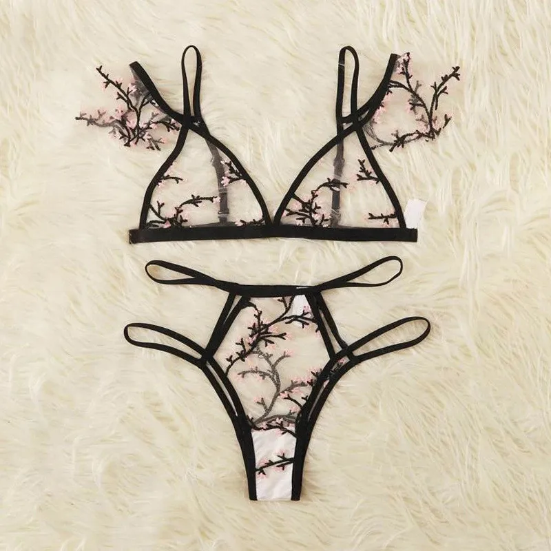 

Sexy Bra Set Embroidery Floral Mesh Lingerie Set Push Up Bralette+Hollow Out Thong Women Sexy Intimates Underwear Transparent