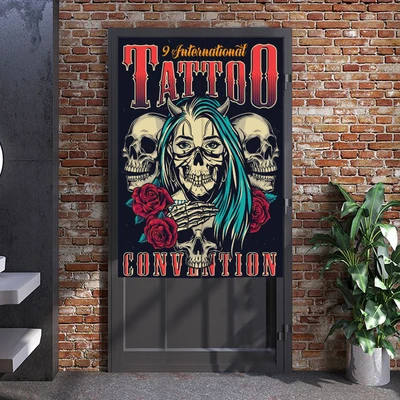 

Vintage Tattoo Poster Door Curtain Girl with Roses and Skeleton Skull Bedroom Kitchen Partition Noren Curtain Decorative Curtain