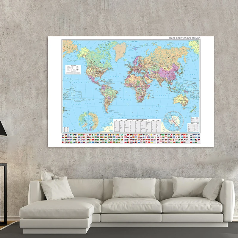 

225*150cm The World Political Map In Spanish with National Flags Poster Home Decor School Supplies Non-woven Canvas Painting