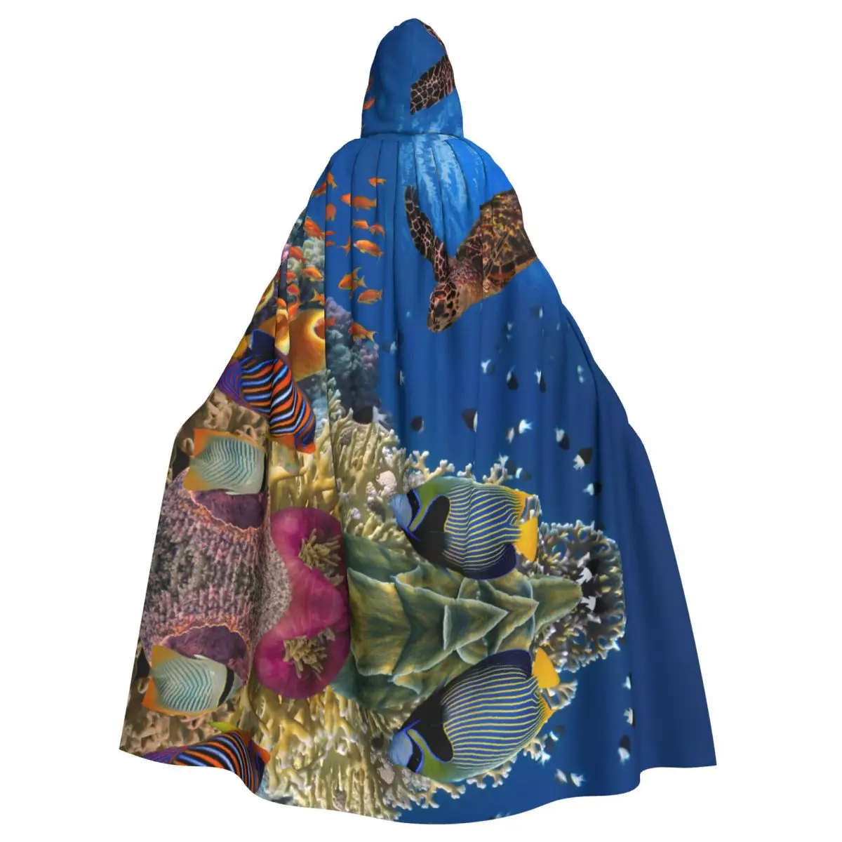 

Unisex Witch Party Reversible Hooded Adult Vampires Cape Cloak Blue Coral Reef With Many Fishes And Sea Turtle
